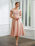 Rosie A-Line/Princess Satin Applique Off-the-Shoulder Sleeveless Tea-Length Mother of the Bride Dresses STKP0020255