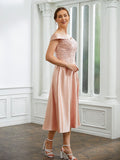 Rosie A-Line/Princess Satin Applique Off-the-Shoulder Sleeveless Tea-Length Mother of the Bride Dresses STKP0020255