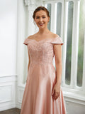 Rosie A-Line/Princess Satin Applique Off-the-Shoulder Sleeveless Tea-Length Mother of the Bride Dresses STKP0020255