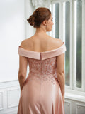 Rosie A-Line/Princess Satin Applique Off-the-Shoulder Sleeveless Tea-Length Mother of the Bride Dresses STKP0020255