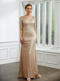 Monserrat Sheath/Column Sequins Ruched 1/2 Sleeves Sweep/Brush Train Mother of the Bride Dresses STKP0020248