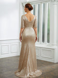 Monserrat Sheath/Column Sequins Ruched 1/2 Sleeves Sweep/Brush Train Mother of the Bride Dresses STKP0020248