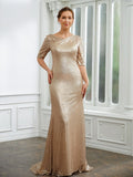 Monserrat Sheath/Column Sequins Ruched 1/2 Sleeves Sweep/Brush Train Mother of the Bride Dresses STKP0020248