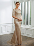 Monserrat Sheath/Column Sequins Ruched 1/2 Sleeves Sweep/Brush Train Mother of the Bride Dresses STKP0020248