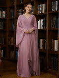 Kinley A-Line/Princess Chiffon Ruched V-neck 3/4 Sleeves Floor-Length Mother of the Bride Dresses STKP0020251