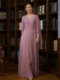 Kinley A-Line/Princess Chiffon Ruched V-neck 3/4 Sleeves Floor-Length Mother of the Bride Dresses STKP0020251