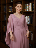 Kinley A-Line/Princess Chiffon Ruched V-neck 3/4 Sleeves Floor-Length Mother of the Bride Dresses STKP0020251