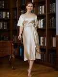 Kendall Sheath/Column Elastic Woven Satin Ruched Scoop Short Sleeves Tea-Length Mother of the Bride Dresses STKP0020242