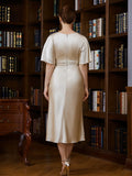 Kendall Sheath/Column Elastic Woven Satin Ruched Scoop Short Sleeves Tea-Length Mother of the Bride Dresses STKP0020242