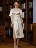 Kendall Sheath/Column Elastic Woven Satin Ruched Scoop Short Sleeves Tea-Length Mother of the Bride Dresses STKP0020242