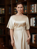 Kendall Sheath/Column Elastic Woven Satin Ruched Scoop Short Sleeves Tea-Length Mother of the Bride Dresses STKP0020242