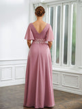 Renee A-Line/Princess Chiffon Ruched V-neck 1/2 Sleeves Floor-Length Mother of the Bride Dresses STKP0020248