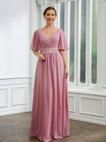 Renee A-Line/Princess Chiffon Ruched V-neck 1/2 Sleeves Floor-Length Mother of the Bride Dresses STKP0020248