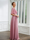 Renee A-Line/Princess Chiffon Ruched V-neck 1/2 Sleeves Floor-Length Mother of the Bride Dresses STKP0020248