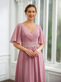 Renee A-Line/Princess Chiffon Ruched V-neck 1/2 Sleeves Floor-Length Mother of the Bride Dresses STKP0020248