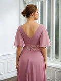 Renee A-Line/Princess Chiffon Ruched V-neck 1/2 Sleeves Floor-Length Mother of the Bride Dresses STKP0020248