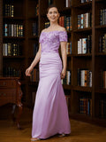 Leah Sheath/Column Charmeuse Ruched Off-the-Shoulder Short Sleeves Floor-Length Mother of the Bride Dresses STKP0020249