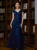 Adeline Sheath/Column Tulle Applique V-neck Short Sleeves Floor-Length Mother of the Bride Dresses STKP0020241