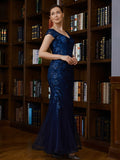 Adeline Sheath/Column Tulle Applique V-neck Short Sleeves Floor-Length Mother of the Bride Dresses STKP0020241