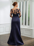 Aurora Sheath/Column Satin Applique Bateau 1/2 Sleeves Sweep/Brush Train Mother of the Bride Dresses STKP0020243