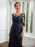 Aurora Sheath/Column Satin Applique Bateau 1/2 Sleeves Sweep/Brush Train Mother of the Bride Dresses STKP0020243