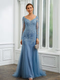 Kirsten Sheath/Column Tulle Applique V-neck Long Sleeves Sweep/Brush Train Mother of the Bride Dresses STKP0020244