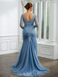 Kirsten Sheath/Column Tulle Applique V-neck Long Sleeves Sweep/Brush Train Mother of the Bride Dresses STKP0020244