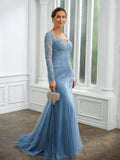 Kirsten Sheath/Column Tulle Applique V-neck Long Sleeves Sweep/Brush Train Mother of the Bride Dresses STKP0020244