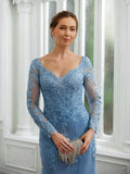 Kirsten Sheath/Column Tulle Applique V-neck Long Sleeves Sweep/Brush Train Mother of the Bride Dresses STKP0020244