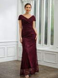 Celeste Sheath/Column Lace Ruched V-neck Short Sleeves Floor-Length Mother of the Bride Dresses STKP0020246