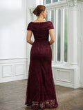 Celeste Sheath/Column Lace Ruched V-neck Short Sleeves Floor-Length Mother of the Bride Dresses STKP0020246