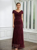 Celeste Sheath/Column Lace Ruched V-neck Short Sleeves Floor-Length Mother of the Bride Dresses STKP0020246