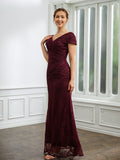 Celeste Sheath/Column Lace Ruched V-neck Short Sleeves Floor-Length Mother of the Bride Dresses STKP0020246