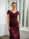 Celeste Sheath/Column Lace Ruched V-neck Short Sleeves Floor-Length Mother of the Bride Dresses STKP0020246