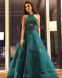 Unique A Line Green Halter Beading Satin Long Prom Dresses, Cheap Evening Dresses STK15451