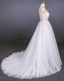 A Line Straps V Neck Lace Appliques Tulle Wedding Dresses Long Wedding Gowns STK15034