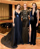 2024 A-Line V-Neck Dark Blue Sleeveless Satin Floor-Length Sweep Train Prom SRS10067