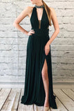 Halter Dark Green Chiffon Long Prom Dresses With Beading, Split Keyhole Formal Evening Dresses