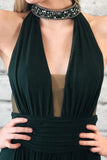 Halter Dark Green Chiffon Long Prom Dresses With Beading, Split Keyhole Formal Evening Dresses