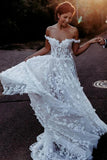 A Line Sweetheart Off the Shoulder Tulle Ivory Long Wedding Dresses with Appliques STK15557