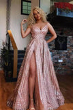 Sexy Rose Gold Spaghetti Straps V Neck Prom Dresses with Side Slit, Sequins Prom Gowns STK15350