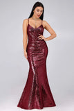 Sexy Spaghetti Straps Burgundy Sequins V Neck Party Dresses Mermaid Prom Dresses STK15358