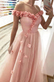 Princess A-line 3D Flowers Off the Shoulder Tulle Glitter Prom Dresses, Sweetheart Dance Dress STK15287