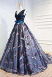 Gorgeous A-Line V-Neck Navy Blue Tulle With Appliques Prom Dresses