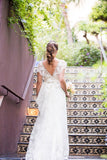 2024 V Neck Wedding Dresses A Line Lace With Sash And Beads PFJJMPNY