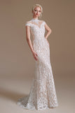 Elegant Cap Sleeves Lace Mermaid Long Beach Wedding Dresses