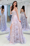 Charming Sweetheart Strapless Lace Appliques Lilac Prom Dresses with STK20404