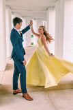 Unique A Line Yellow Satin Prom Dresses with Pockets, Simple Formal STK20452