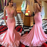 Pink Lace Mermaid Long See Through Sleeveless Beads V-Neck Cheap Party Prom Dress