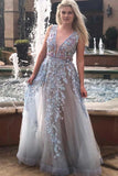 A-line Floral Appliques Long Prom Dresses Plunging Neckline Formal Gown